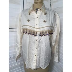 90s At Last Basics Shirt Beaded Aztec Button Up Long Sleeve Ivory Shirt Large